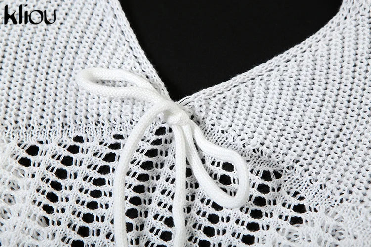 kliou Crochet Halter Dress Women See Through Bandage Sleeveless Backless Sheath Low Neck Vestidos Concise Solid Girls Streetwear
