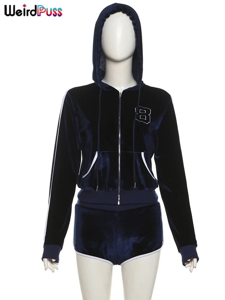 Weird Puss Casual Sporty 2 Piece Set Women Hooded Shirring Zipper Number Print Jacket+Contrast Patchwork Mini Shorts Simple Suit