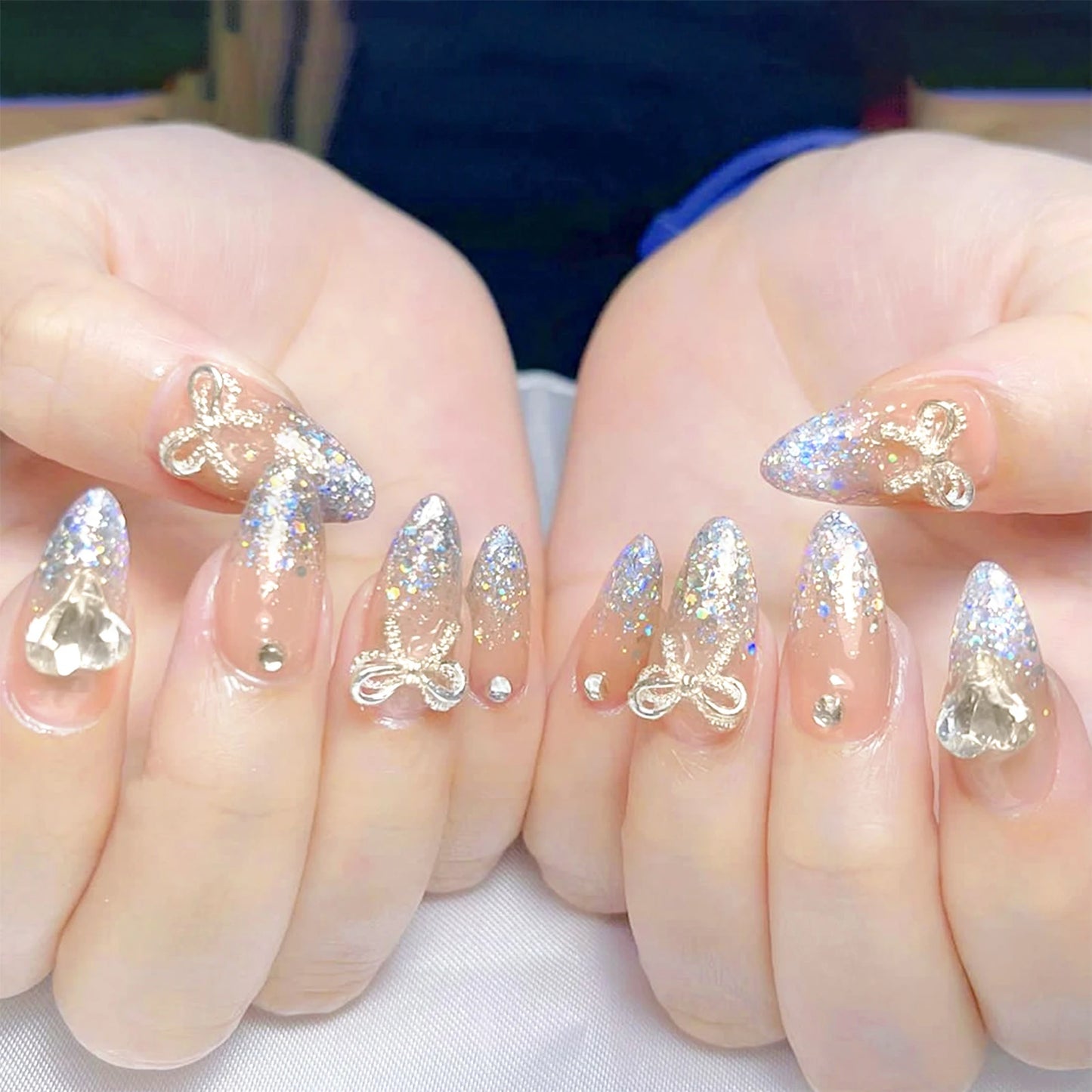 24pcs Nude Pink False Nails Patches 3D Bowknots Flower Press On Nails 2024 New Wearable White French Style Fake Nail Tips