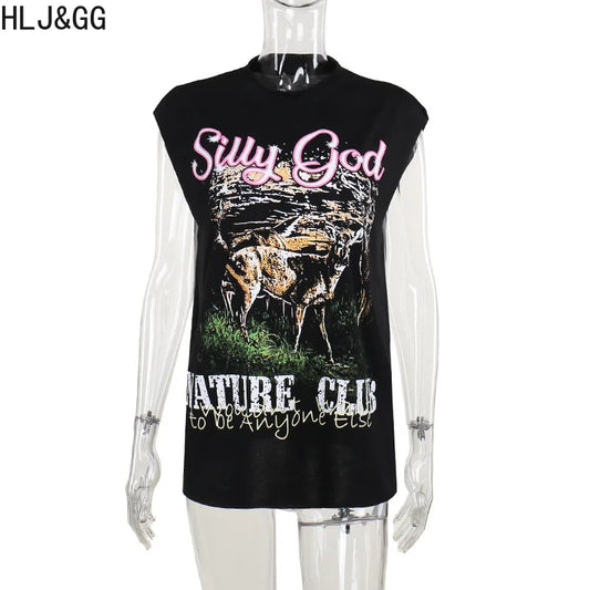 HLJ&GG Black Fashion Y2K Letter Print Two Piece Sets Women O Neck Sleeveless Top And Pocket Cargo Mini Skirts Outfits Streetwear