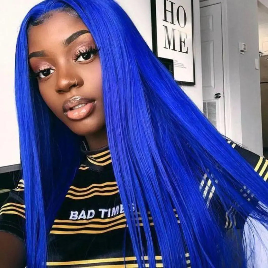 Straight Navy Blue 13x4 Human Hair Lace Frontal Wigs Blue Transparent Lace Front Wigs For Women Brazilian Pre Plucked Hair Wigs
