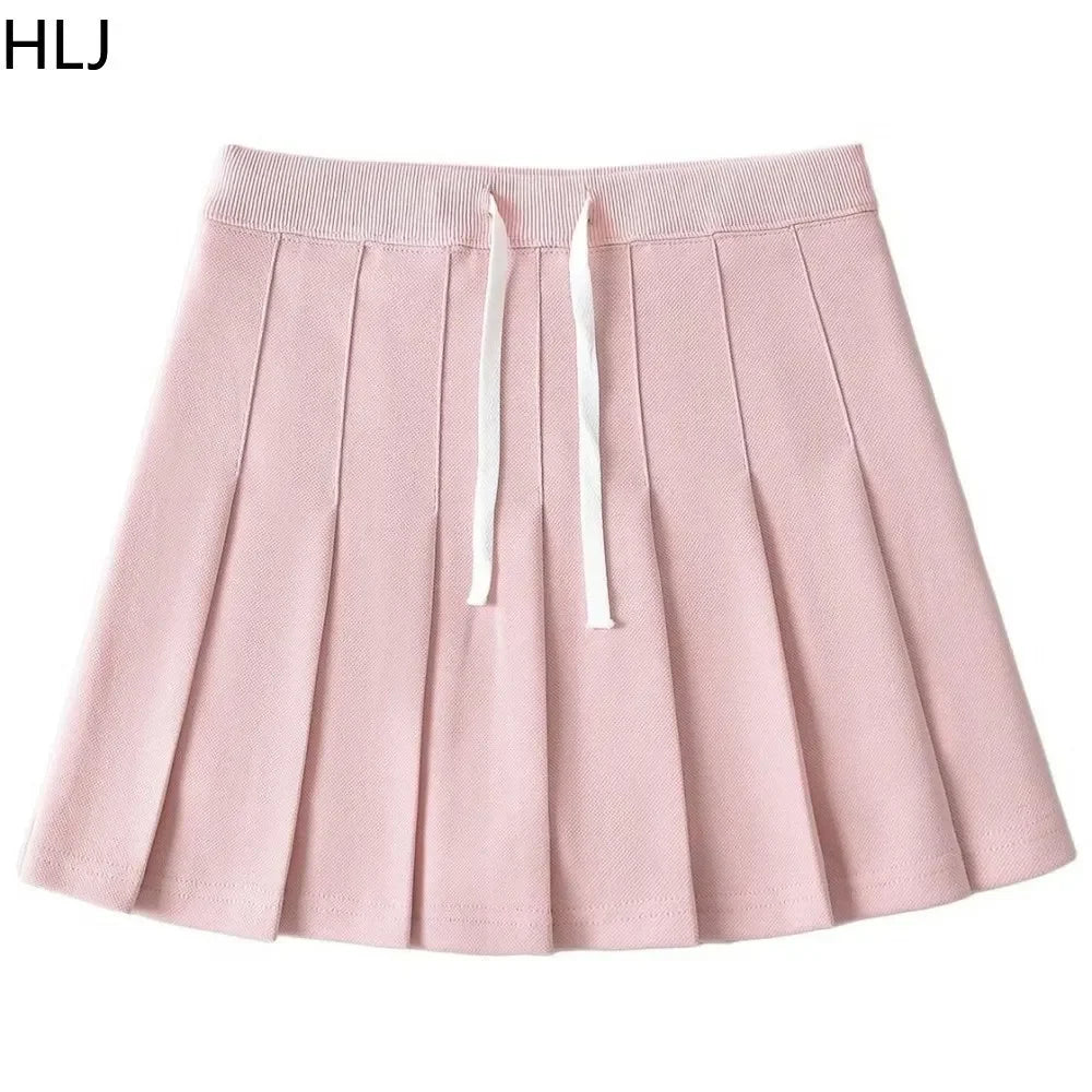 HLJ&GG Pink A-line Pleated Skirts Fashion Two Piece Sets Women Letter V Neck Short Sleeve Loose Tshirt And Mini Skirts Outfits