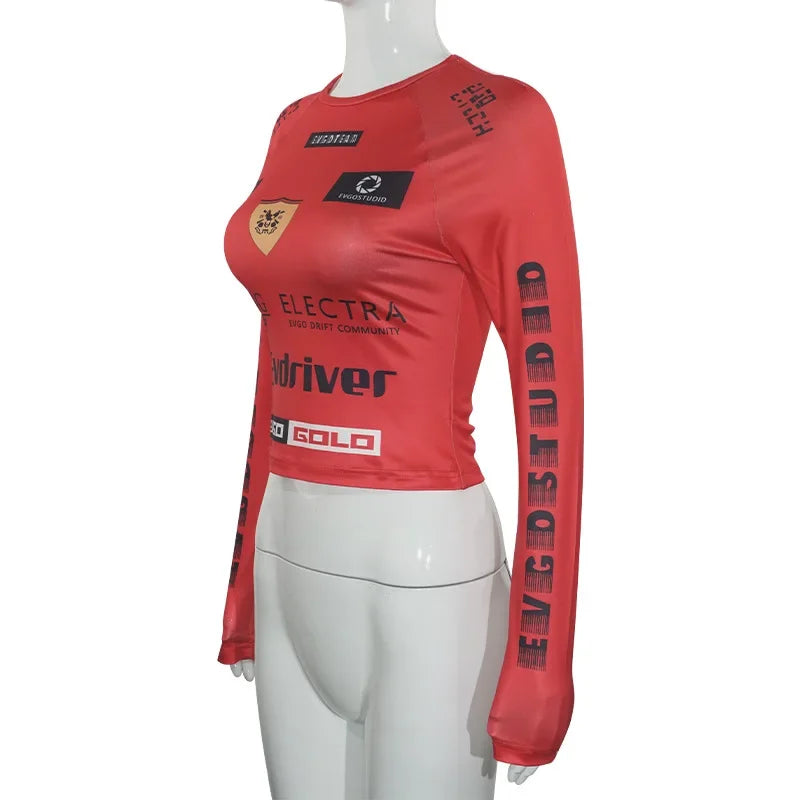 HLJ&GG Y2K Hot Girl Fashion Streetwear Women Letter Print O Neck Long Sleeve Slim Crop Top+Low waist Belt Leather Shorts Outfits