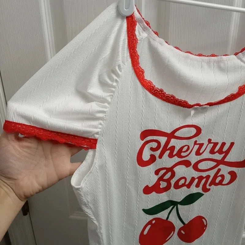 Y2k Sweet Cute Lace Trim Short Sleeve Women's Crop Top Korean Style Aesthetic Slim T-shirt Cherry Printed Basic Baby Tees