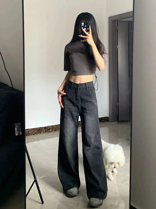 Korean Vintage High Waist ladies Jeans Y2K Slimming Pear-Shaped Loose Straight Bell Bottoms Black Gray Baggy Trousers