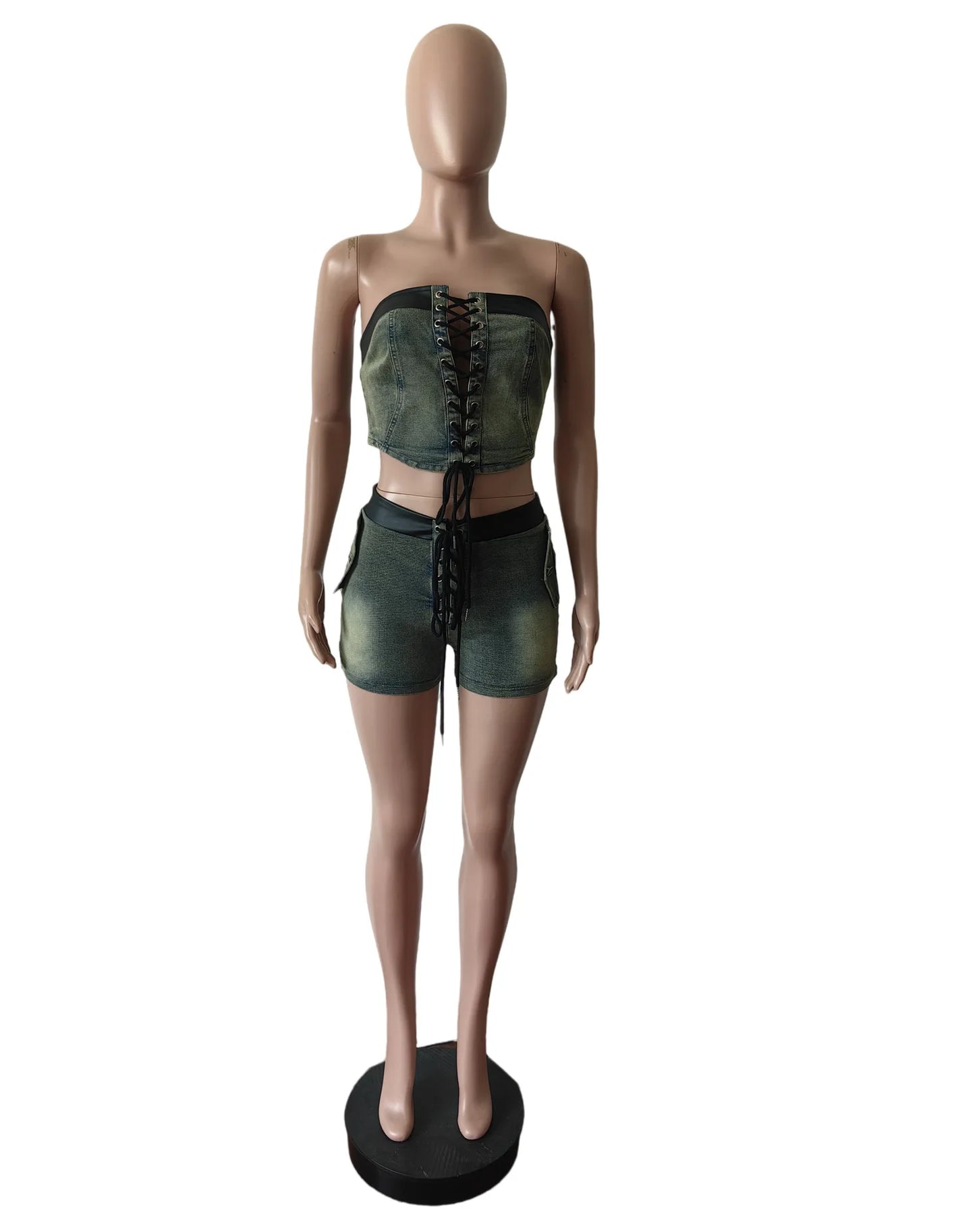 Weird Puss jeans Summer 2 Piece Set Women Leather Edging Vintage Y2K Shirring Strapless Tops+Shorts Hipster Summer Matching Suit