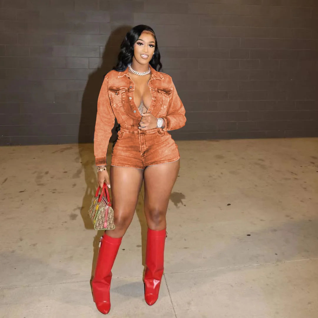 HLJ&GG Fashion Bodycon jeans Romper ladies Solid Color Long Sleeves One Piece Jumpsuit, Streetwear Overalls 2025 Summer New