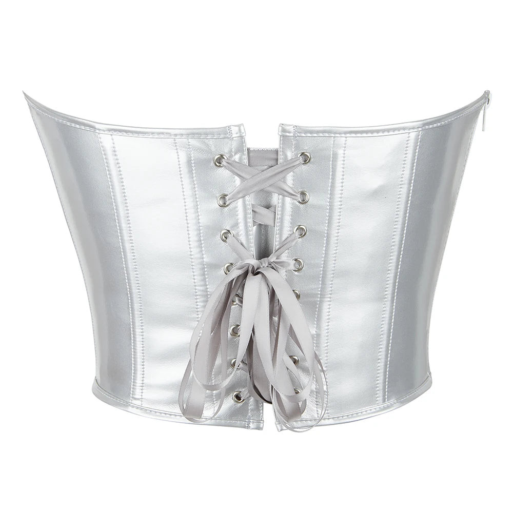 Women Short Bandeau Corset Silver Strapless Bustier Crop Tube Top Summer Streetwear