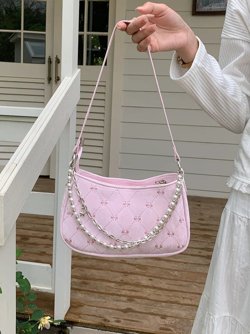 Pink Shoulder Bag Elegant Cute Bow Pearl Chains Bow Embroidery Handbag Casual Leather Korean Fashion Female Handbag