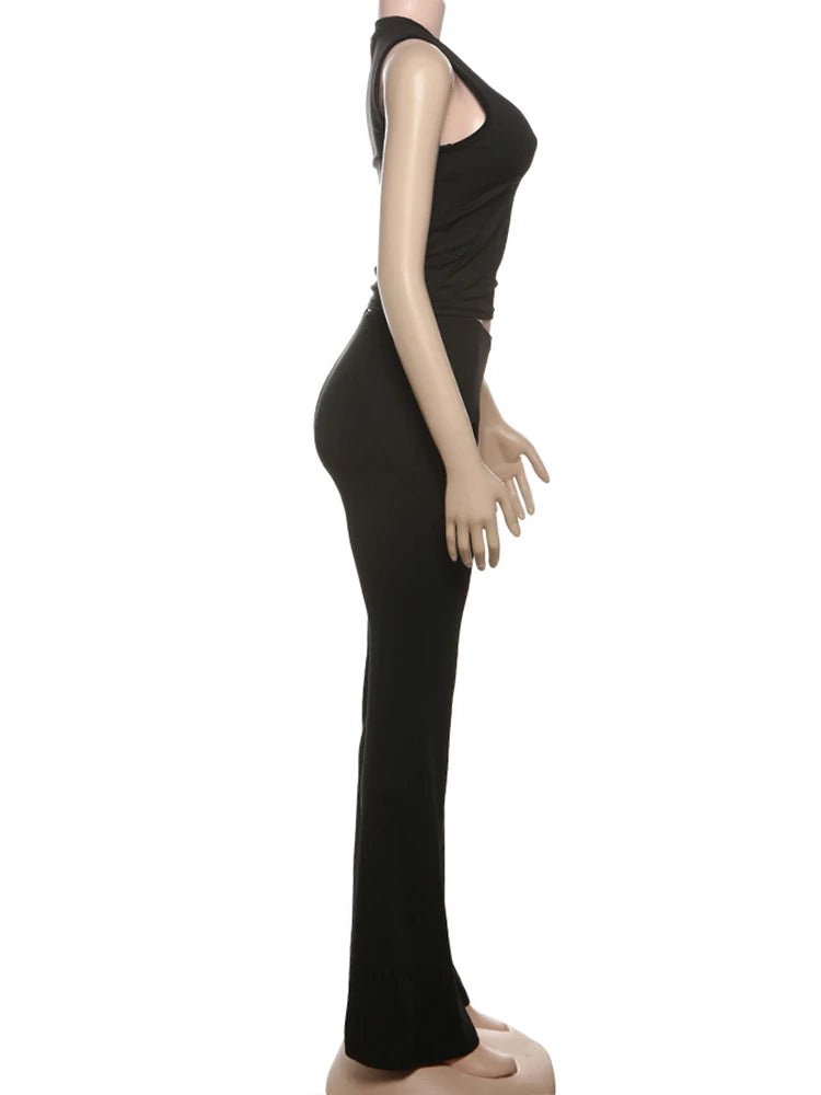Weird Puss Heart Hollow 2 Piece Set Women o-Neck Sleeveless Tops+Skinny Stretch Pants Vacation Casual Simple Elegant Solid Suits