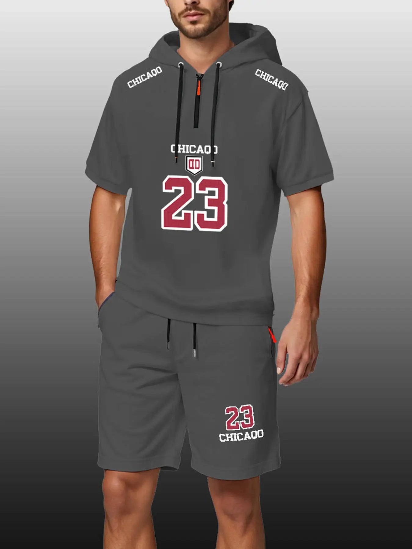 Summer Sets Men Jersey T-Shirts and Shorts Outfit Two-Piece Hooded T-Shirt Zipper Pocket Shorts Fashion Loose Oversize Clothing