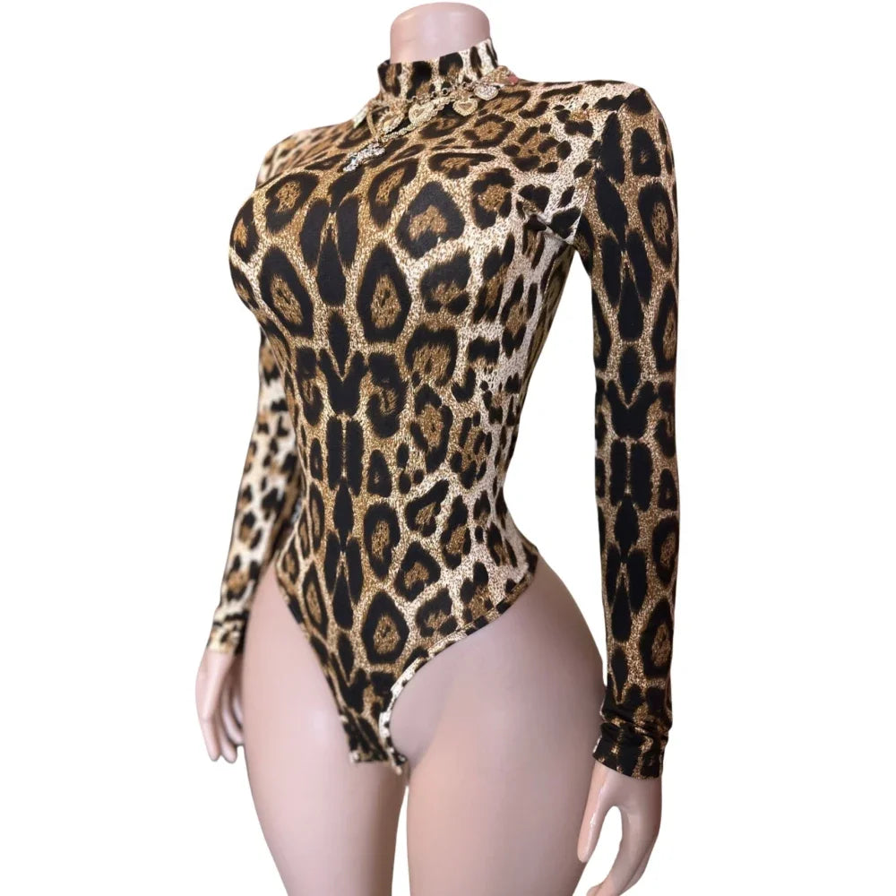 HLJ&GG Sexy Leopard Bodycon Bodysuits Women Turtleneck Long Sleeve Slim Romper Spring New Fashion One Piece Jumpsuit Clubwear