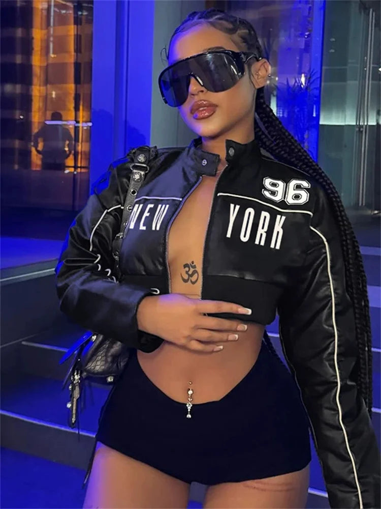 Weird Puss PU Patchwork Women Jacket Letter Print Hipster Button Zip Full Sleeve Trend Cool Street Spring Outwear Crop Coat