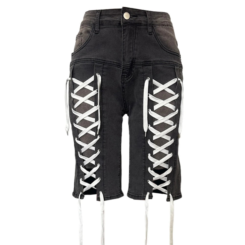 HLJ&GG American Vintage Fashion Bandage Straight Jean Shorts Women High Waisted Button Loose jeans Shorts Female Cowboy Bottom