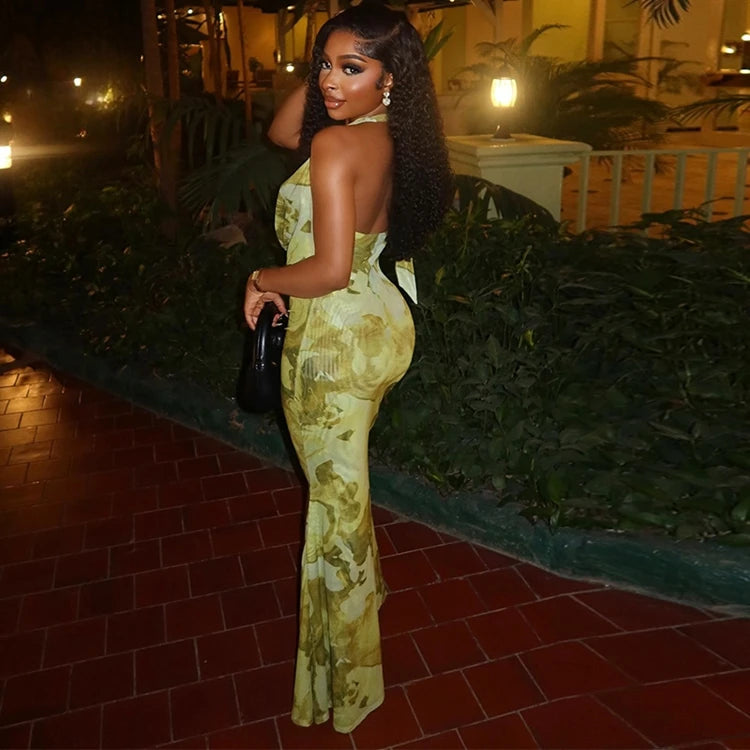STYLISH LADY Floral Printed Backless Dress 2025 Summer Women Sleeveless Halter Bodycon Sexy Club Party Long Maxi Dresses