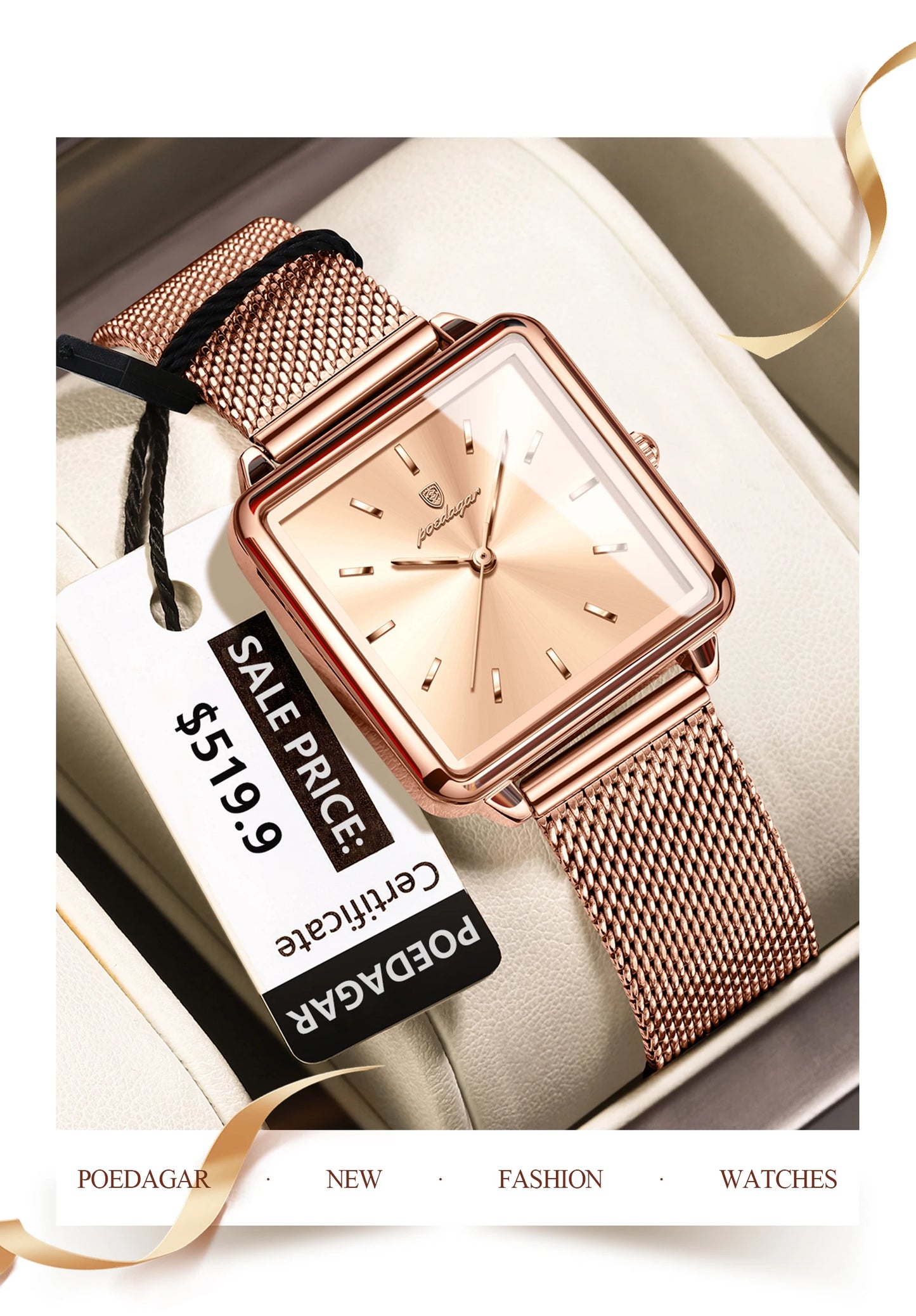 POEDAGAR Fashion Ladies Watch Waterproof Square Elegant Watch, Mesh Stainless Steel Quartz, lady's Watches, Reloj