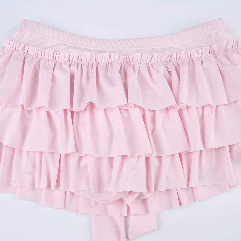 Rockmore Bow Sweet A-Line Skirts Women Sexy Slim Low-Waist Mini Skirts Y2K Female Summer Streetwear Pink Pleated Skirts Coqutte