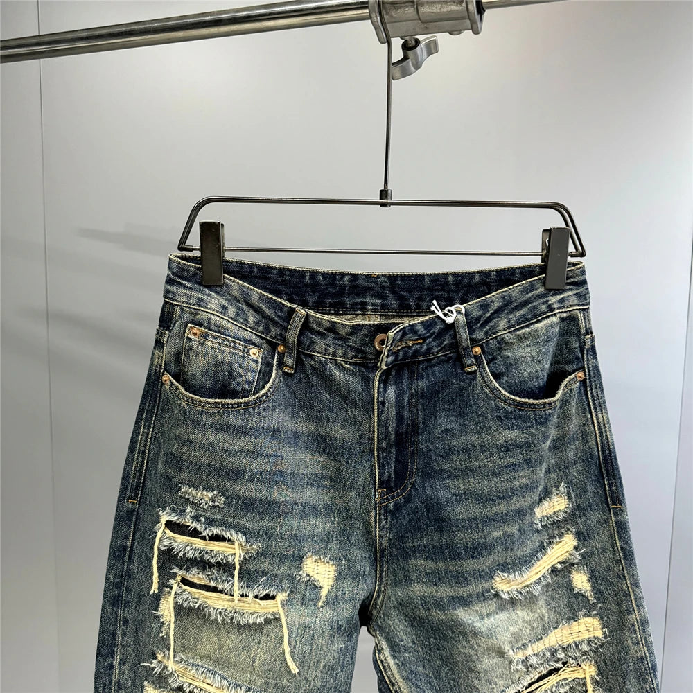 Ripped Baggy Jeans Distressed Denim Streetwear Skateboard Pants Straight Leg Patchwork Oversized Urban Fashion Workwear, men's jeans