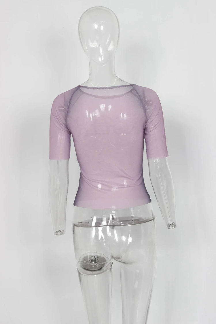 STYLISH LADY Letter Printed Mesh T Shirts 2025 Summer Women Short Sleeve O Neck See Through Sexy Club Party Street Tops Tees
