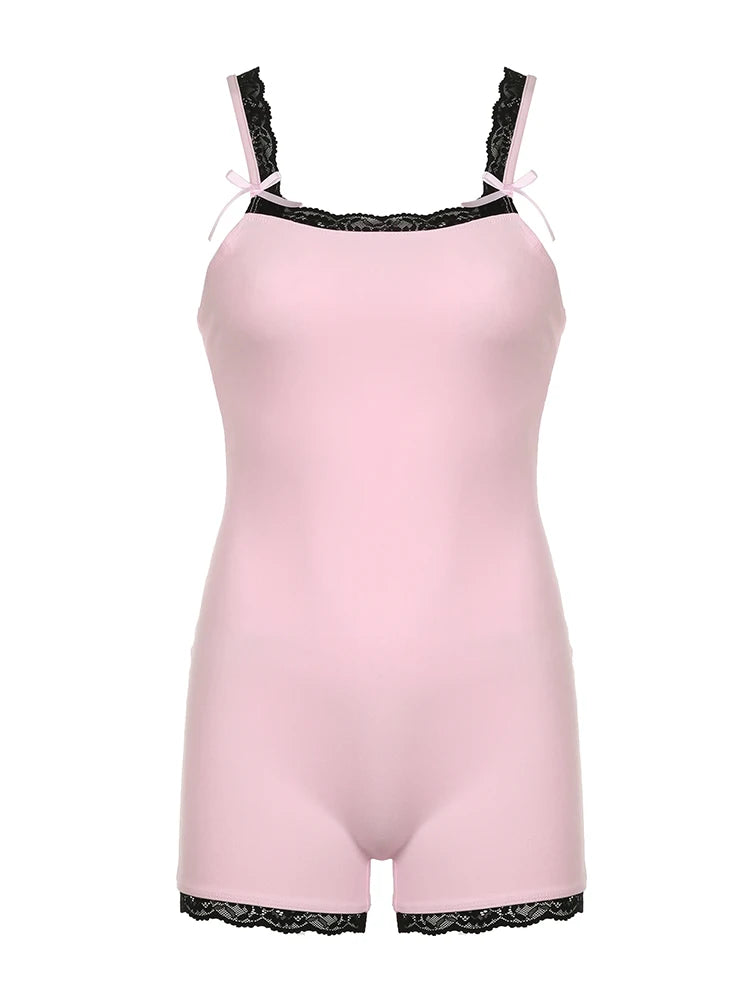 Contrast Lace Patchwork Square Collar Skinny Sexy Straps Rompers Playsuits Sweet Cute Y2K Clothing