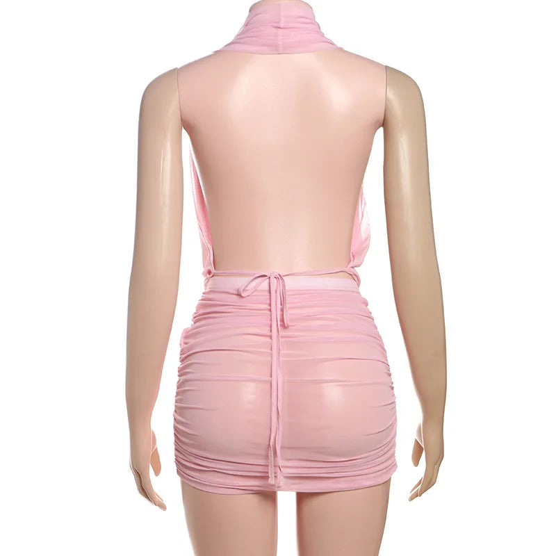 HLJ&GG Sexy Ruched Halter Deep V Mini Skirts Two Piece Sets Women Sleeveless Backless Lace Up Crop Top+Skirts Outfits Streetwear