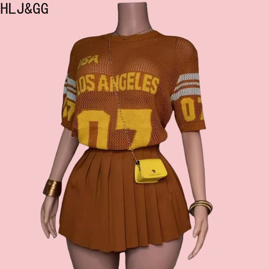 HLJ&GG Summer New Mesh Letter Print Mini Pleated Skirts Two Piece Sets Women Round Neck Short Sleeve Slim Top And Skirts Outfits