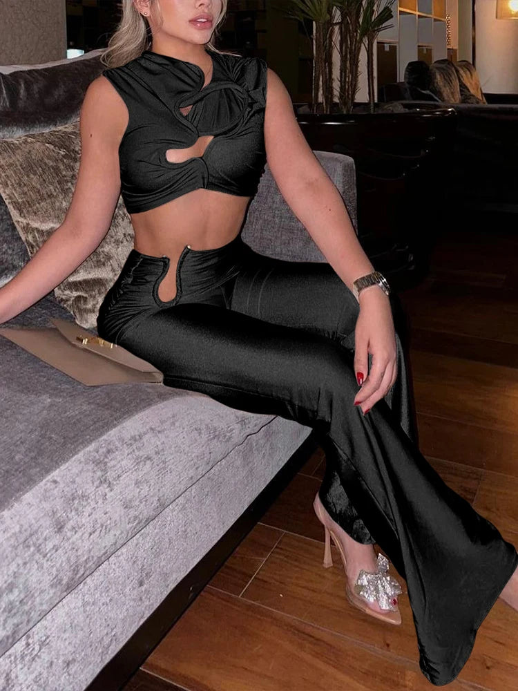 Weird Puss Wire Folds 2 Piece Set Women Chic Y2K Hollow Sliky Tank Tops+Shirring Pants Female Trend Sexy Street Matching Suits