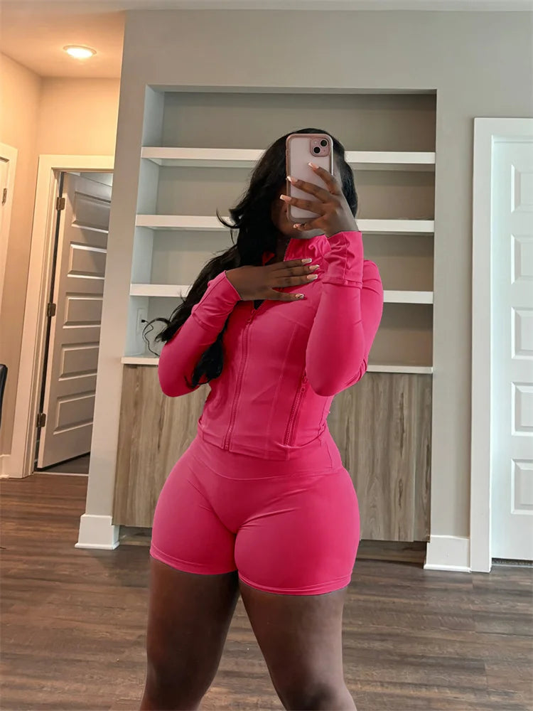 Weird Puss Casual Sporty 2 Piece Set Women Classic Tracksuit Cardigan Full Sleeve Jacket+Stretch Waist Skinny Shorts Trend Suits