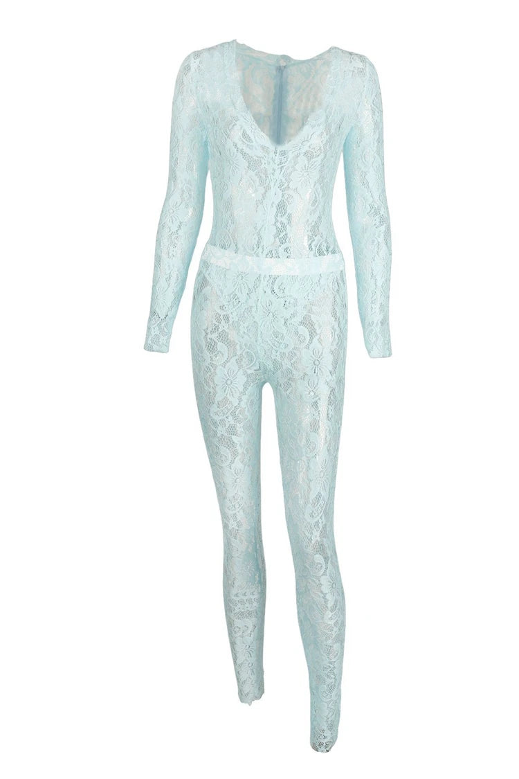 STYLISH LADY See Through Lace 2 Piece Set Women Long Sleeve Bodysuits and Skinny Pant Suits 2025 Summer Sexy Hollow Out Outfits