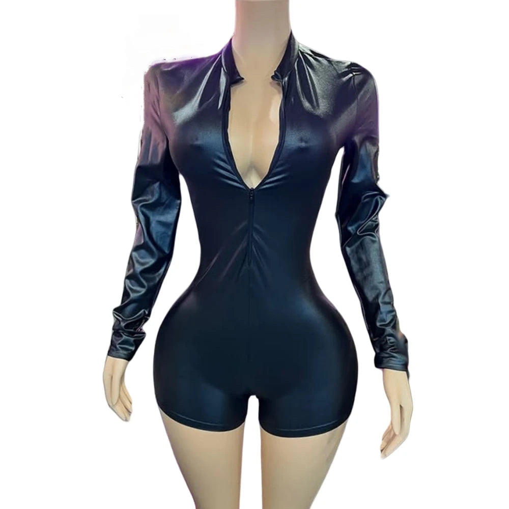 HLJ&GG Black Sexy Leather Zipper Bodycon One Piece Rompers Women Long Sleeve Slim Bodysuits Fashion Nightclub Party Playsuits