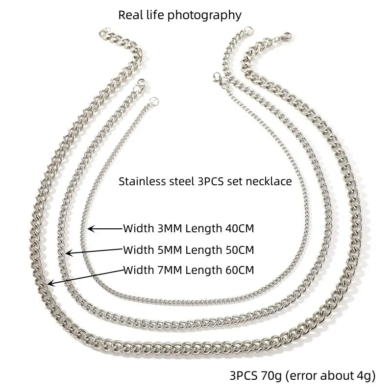 3pcs Necklace Set For Both Men And Women Hip Hop Style Stainless Steel Six Sided Grinding Cuban Chain Minimalist Jewelry