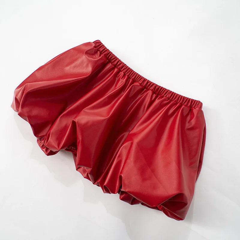 HLJ&GG Red Fashion Leather Puffy Mini Skirts Two Piece Sets Women Zip Long Sleeve Jacket And Skirts Outfit Y2K Female Streetwear