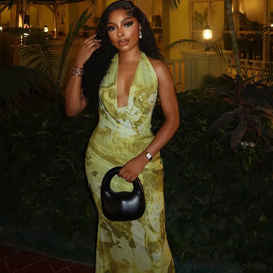 STYLISH LADY Floral Printed Backless Dress 2025 Summer Women Sleeveless Halter Bodycon Sexy Club Party Long Maxi Dresses