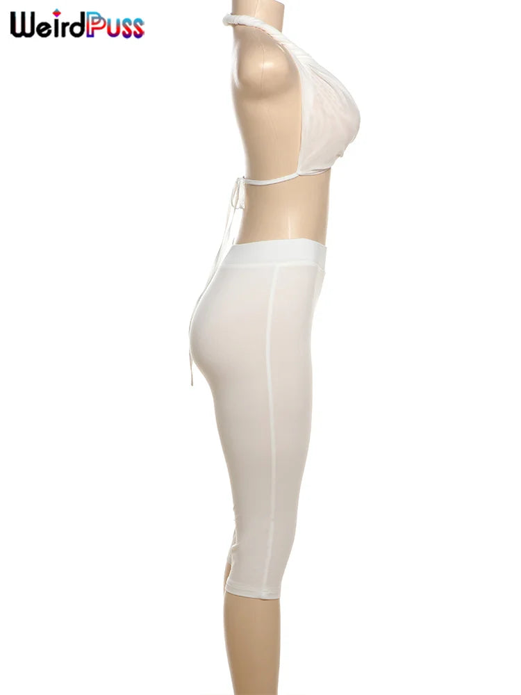 Weird Puss Sexy Women 2 Piece Set Summer Trend Mesh Thin Whip Halter Tank Tops+Wide Waist Shorts Matching Street Club Outfits