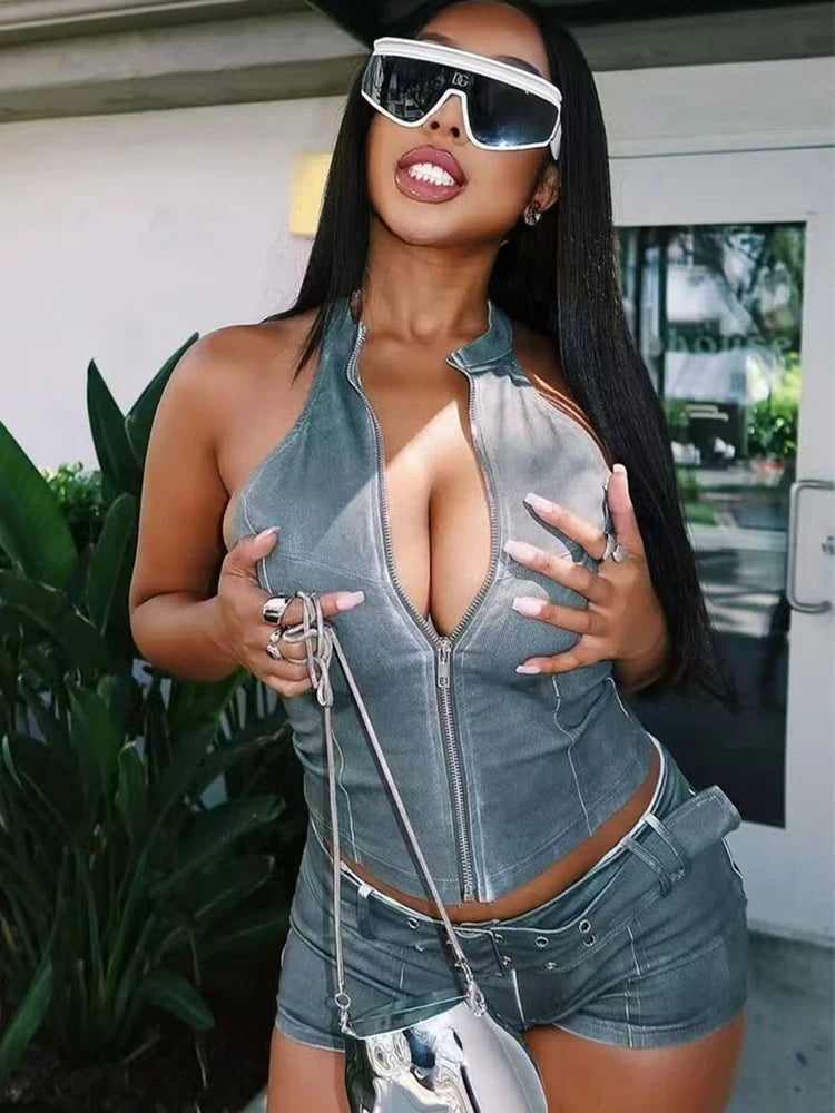 Weird Puss Distressed Style jeans 2 Piece Set Women Zipper Cardigan Sleeveless Crop Top+Skinny Shorts Hottie Street Hipster Suit