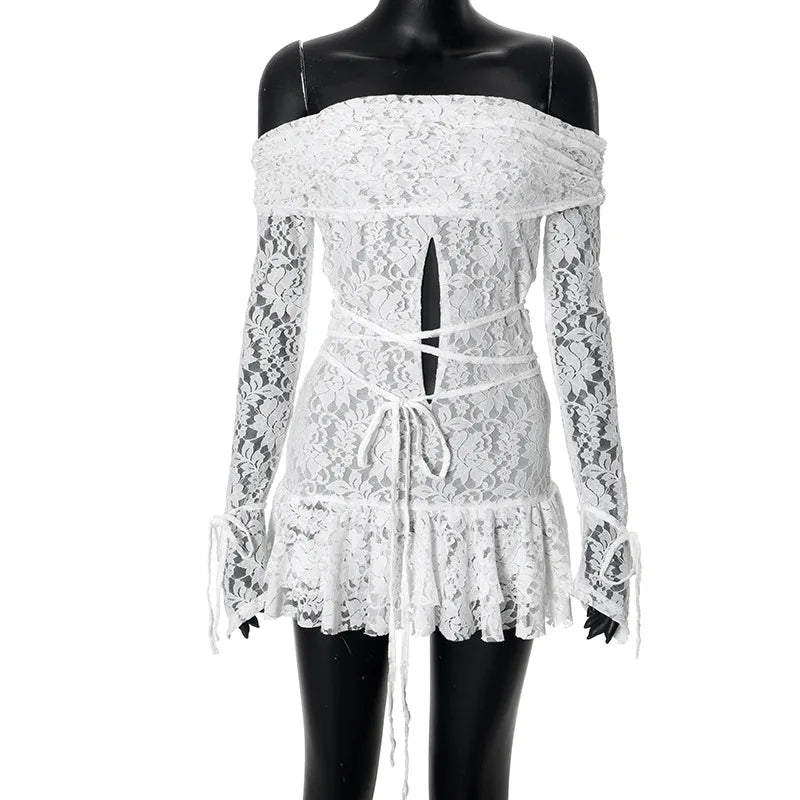STYLISH LADY Off the Shoulder White Lace Dress 2025 Spring Women Long Sleeve Slash Neck Cut Out Bodycon Ruffle Mini Dresses