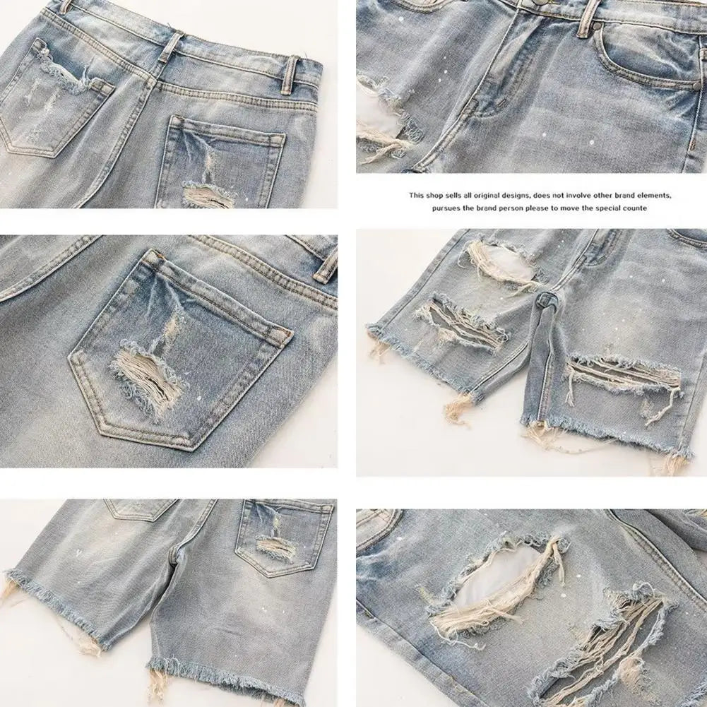 Deformed-resistant Denim Shorts Men's Summer Distressed Denim Shorts Straight Fit Ripped Holes Knee Length Jeans with Multi