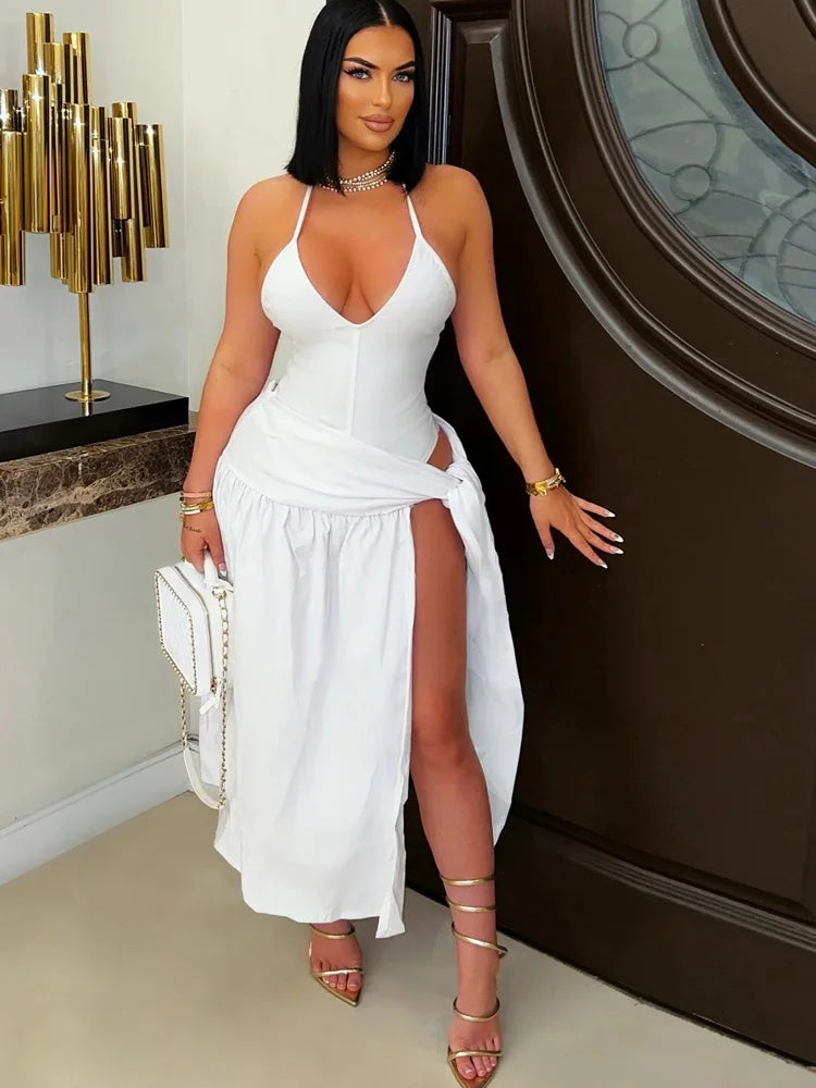 Kricesseen New Chic Solid Bodysuits Top And Tie Waist Ruched Skirt Set For Women Swimsuits Set Night Clubwear Vacation Outfits