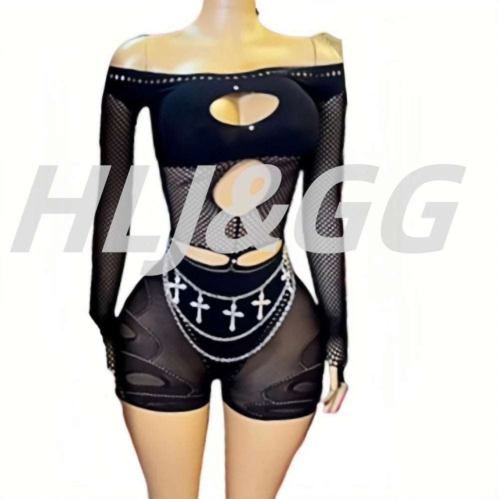 HLJ&GG Sexy Lace Hollow See Though Two Piece Sets Women V Neck Spaghetti Strap Slim Crop Top + Shorts Outfits Fashion Streetwear