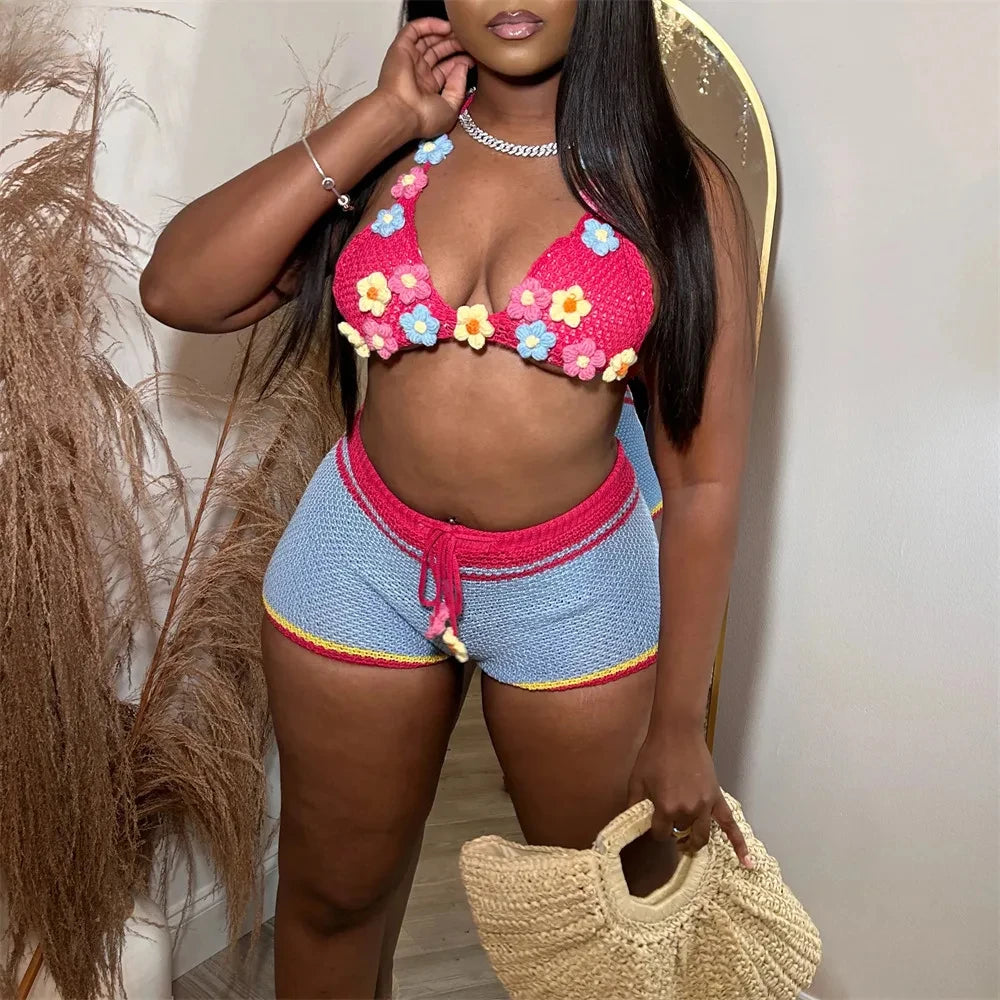 HLJ&GG Sweet Pastoral Fashion Knitting Little Flower Hollow Two Piece Sets Women Halter Lace Up Backless Bra And Shorts Outfits