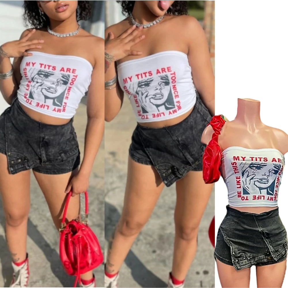 HLJ&GG Y2K Fashion Streetwear Sexy Hot Girl Printing Sleeveless Slim Vest And jeans Shorts Two Piece Sets Summer 2pcs Outfits