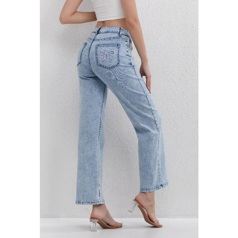 Ladies Light Blue High Waisted Jeans Straight Leg Design Classic Daily Wear Fashionable