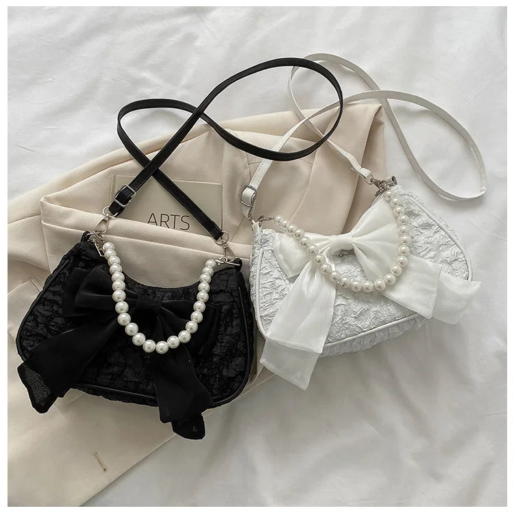Pearl Female Bag Retro Luxury Designer Handbag Bow Crossbody Bags Fashion Canvas Women's 2023 Trend Shoulder bag Purses