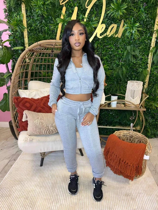 STYLISH LADY Fleece Sporty 3 Piece Set Women Outfits 2025 Spring Crop Top and Drawstring Pant Suits Casual Workout Tracksuits