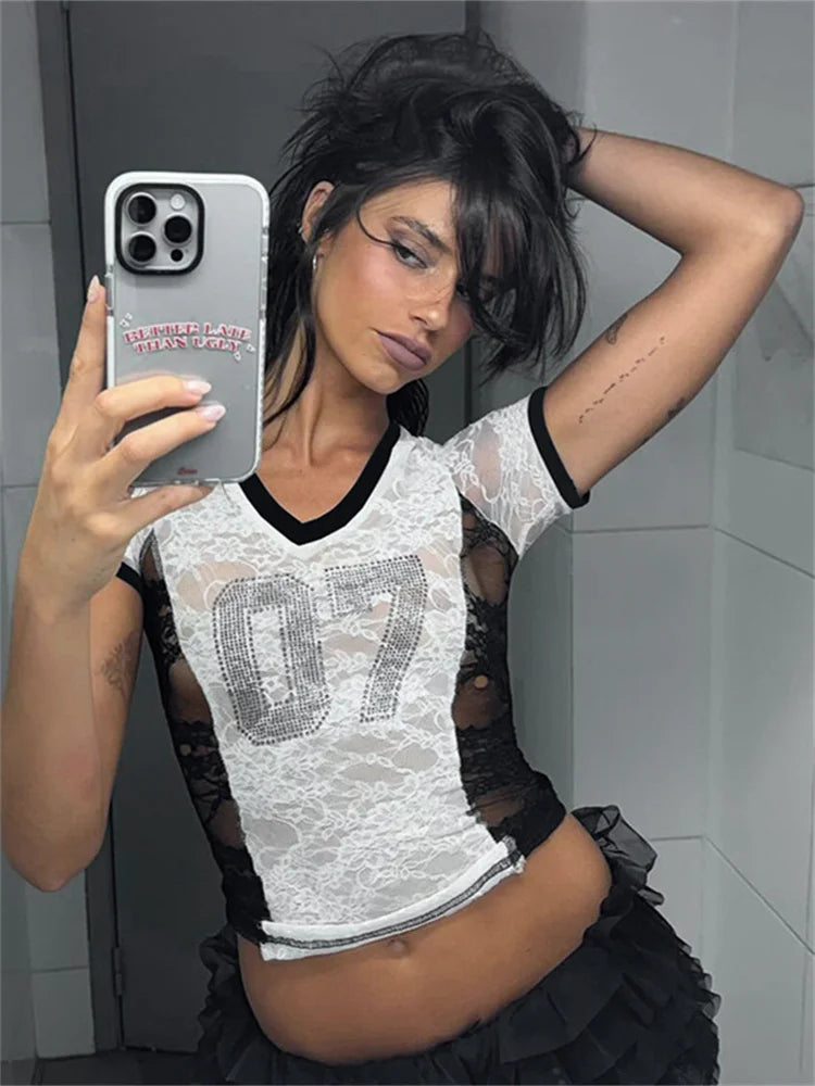 Weird Puss Mesh Patchwork 2 Piece Set Women Rhinestones V-Neck Short Sleeve Crop Tops+Tierred Shorts Skirts Trend Contrast Suit