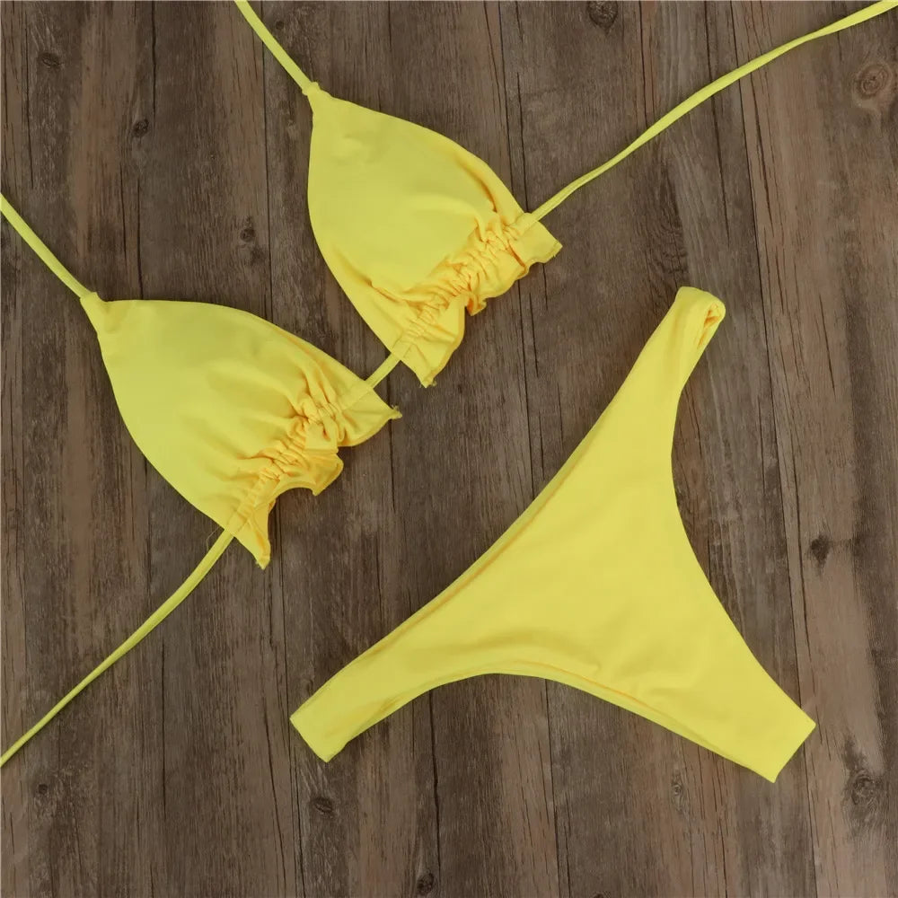 Summer Brazilian Bikini Set Women Sexy Bandage Top Thong Bottom Set Push-up Swimwear Lace Up Swimsuit Beachwear