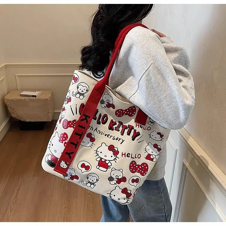 New Model Hello Kitty Cartoon Canvas Bag Cute Commuter Versatile One-Shoulder Tote Bag Large-Capacity Storage Bag