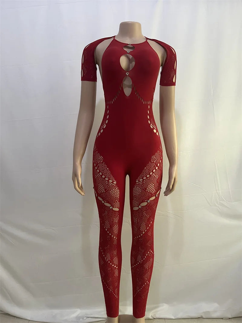 Weird Puss Rhinestone Embellished Women Jumpsuit Backless Halter Hollow Sheer Sexy Slim One Pieces Bodycon Hottie Party Clubwear