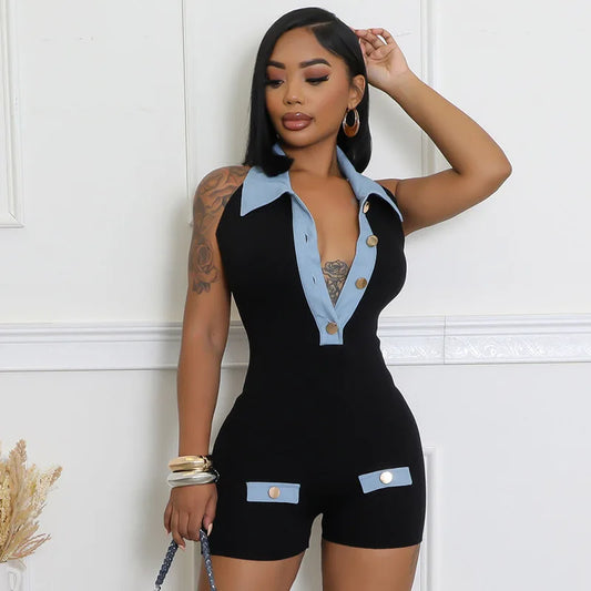 STYLISH LADY Contrast Color Playsuits 2025 Summer Women Turn Down Collar Backless Bodycon Sexy Club Party Street Rompers