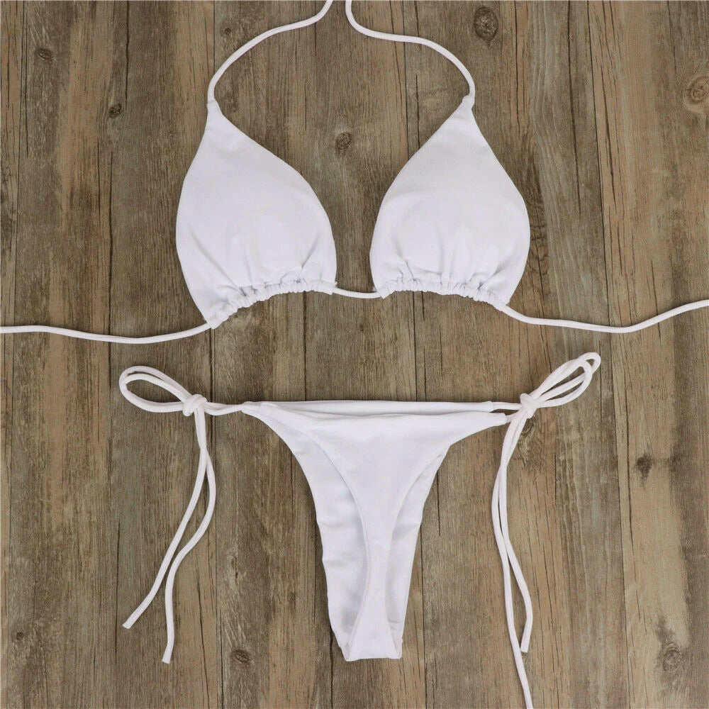 Sexy Women's Side Halter Tie Swimsuit Thong Bikini Set Ladies Split Strap Adjustable Bandage Style Brazilian Swimwear Beachwear